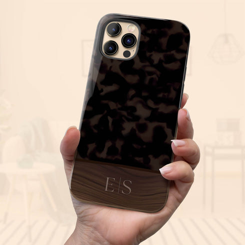 Custom Wood Initials Dark Tortoiseshell iPhone Case